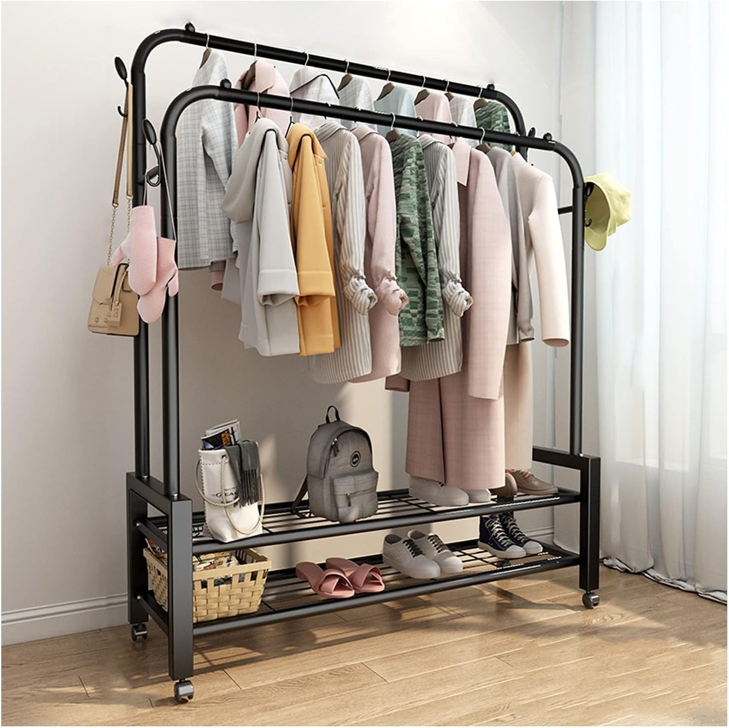 Cintre acier double avec 2 étagère à chaussures et roulettes