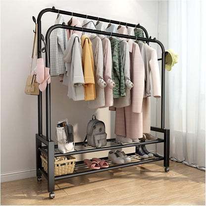 Cintre acier double avec 2 étagère à chaussures et roulettes