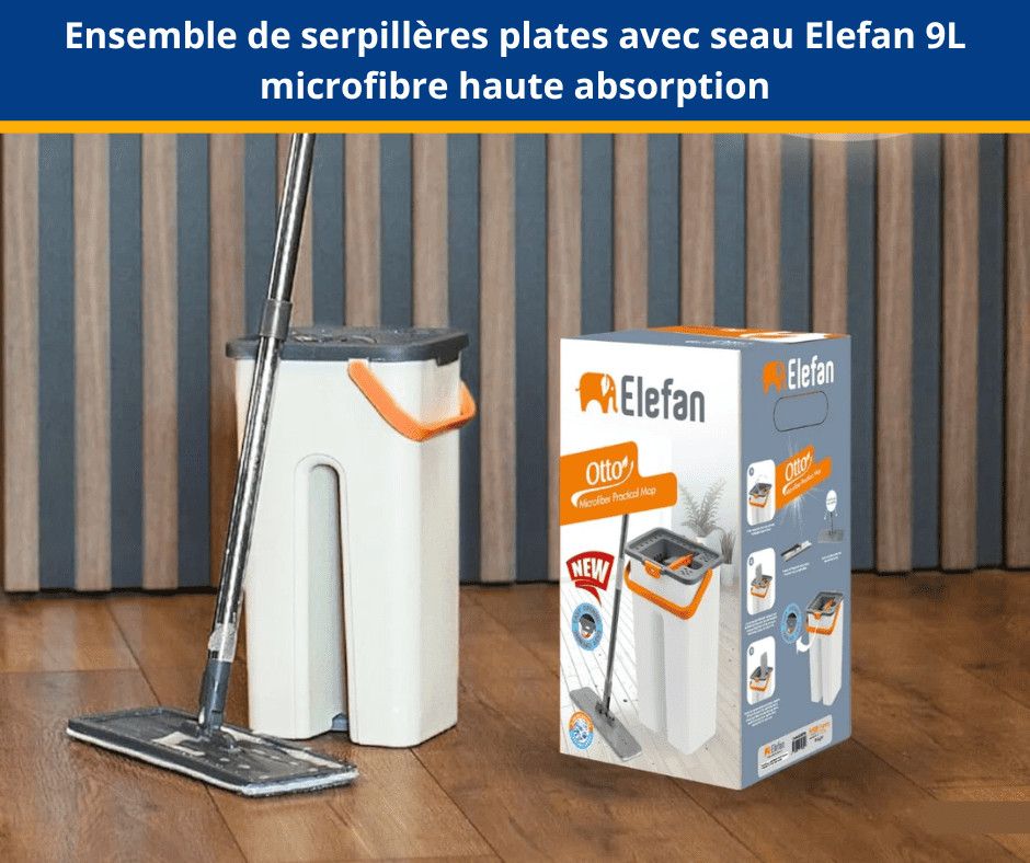 Ensemble de serpillères plates avec seau Elefan 9L – microfibre haute absorption