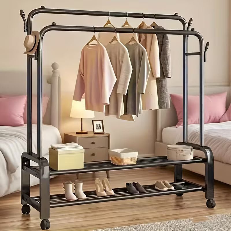 Cintre acier double avec 2 étagère à chaussures et roulettes - Homex Market