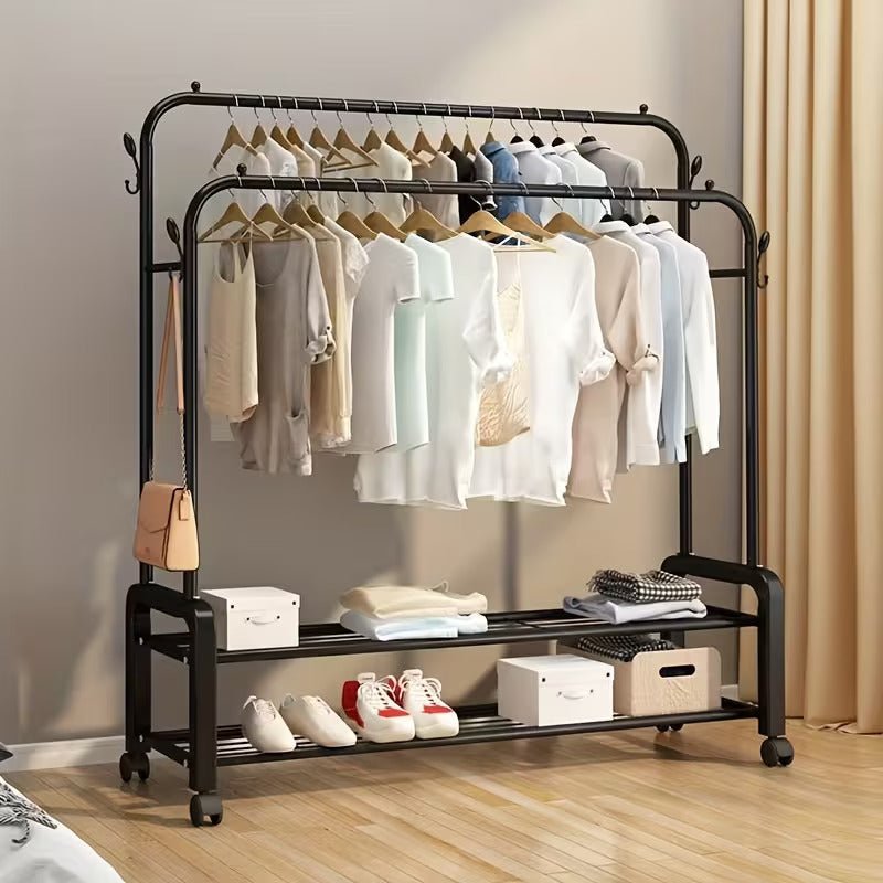 Cintre acier double avec 2 étagère à chaussures et roulettes - Homex Market
