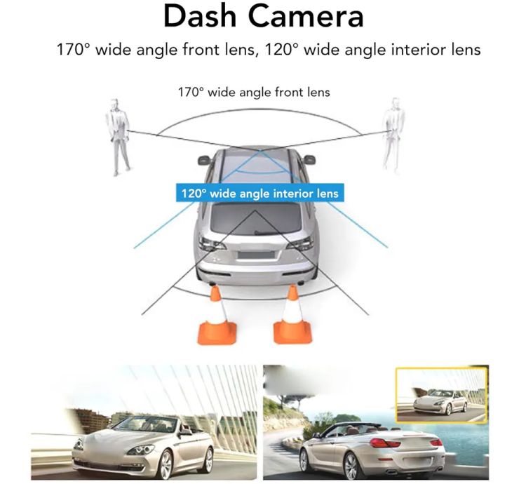 Caméra de Tableau de Bord à 3 Canaux, Image Haute Définition 1080P, Caméra de Voiture Grand Angle 170°+120°, Enregistreur de Conduite de Voiture Triple à Trois Voies