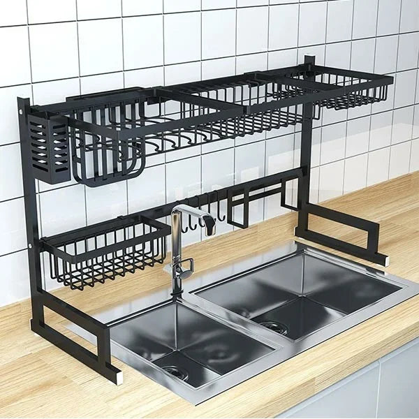 Égouttoir à Vaisselle Organiseur Sur Évier Multi-usages Étagère Pour Cuisine Noir