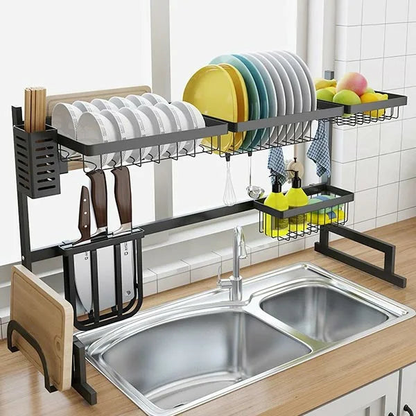 Égouttoir à Vaisselle Organiseur Sur Évier Multi-usages Étagère Pour Cuisine Noir