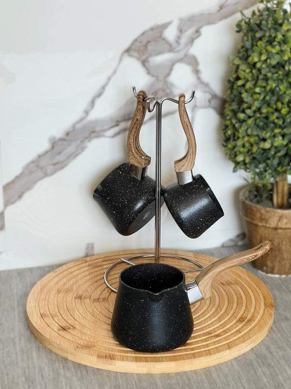 Série de 3 Pots à Café Turc Zazwa OMS en Granite avec Support