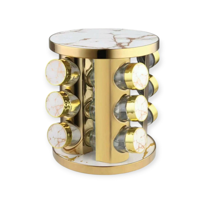 Set à Épices Rotatif Moderne – 12 Pots en Verre & Métal avec Support Doré