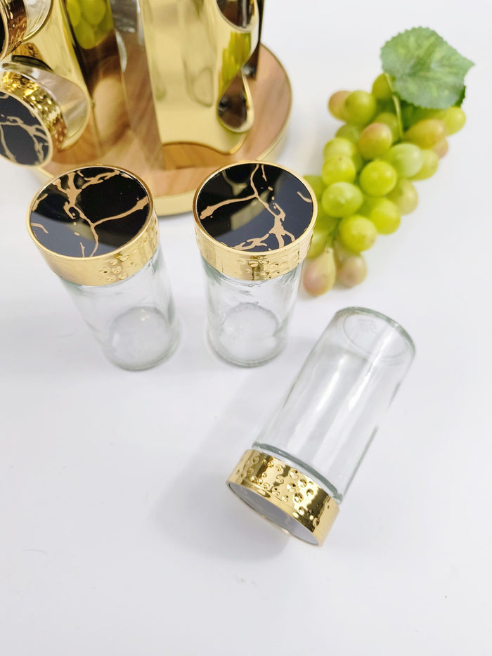 Set à Épices Rotatif Moderne – 12 Pots en Verre & Métal avec Support Doré