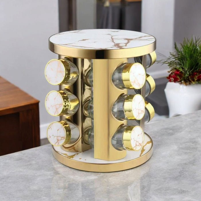 Set à Épices Rotatif Moderne – 12 Pots en Verre & Métal avec Support Doré - Homex Market