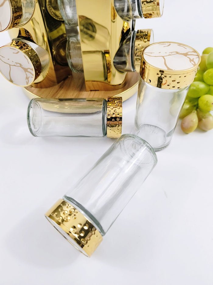 Set à Épices Rotatif Moderne – 12 Pots en Verre & Métal avec Support Doré - Homex Market
