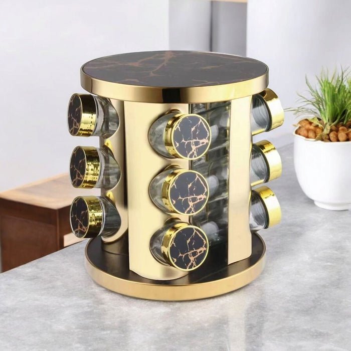 Set à Épices Rotatif Moderne – 12 Pots en Verre & Métal avec Support Doré - Homex Market