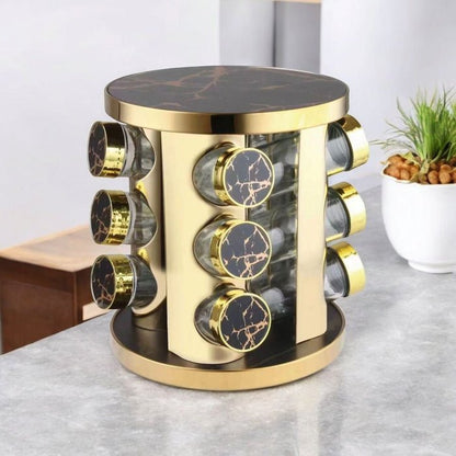 Set à Épices Rotatif Moderne – 12 Pots en Verre & Métal avec Support Doré - Homex Market